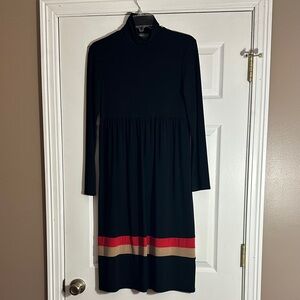 Liz Claiborne Black Long Sleeve Midi Dress with Red and Tan Stripes